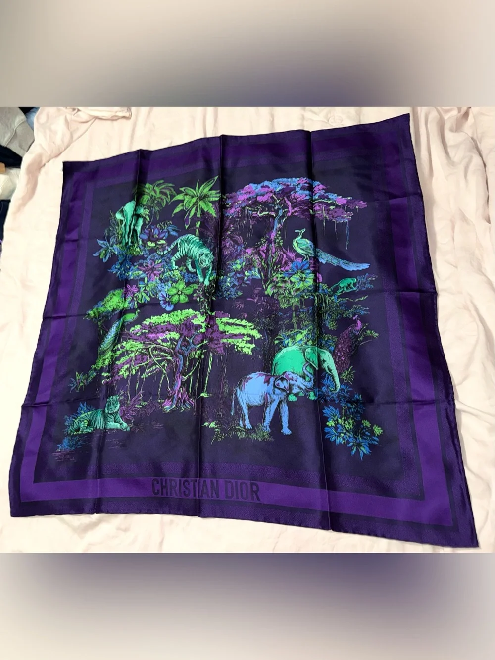 Christian Dior AUTHENTIC Toile de Jouy Voyage Jungle Animals Silk Scarf Purple